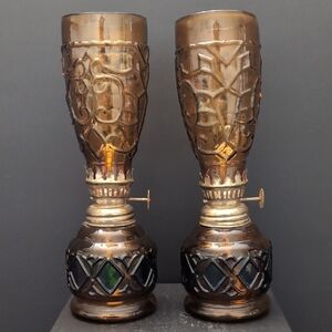 VGT, Sailboat Brand Set of 2 Amber Glass Oil Lamps .